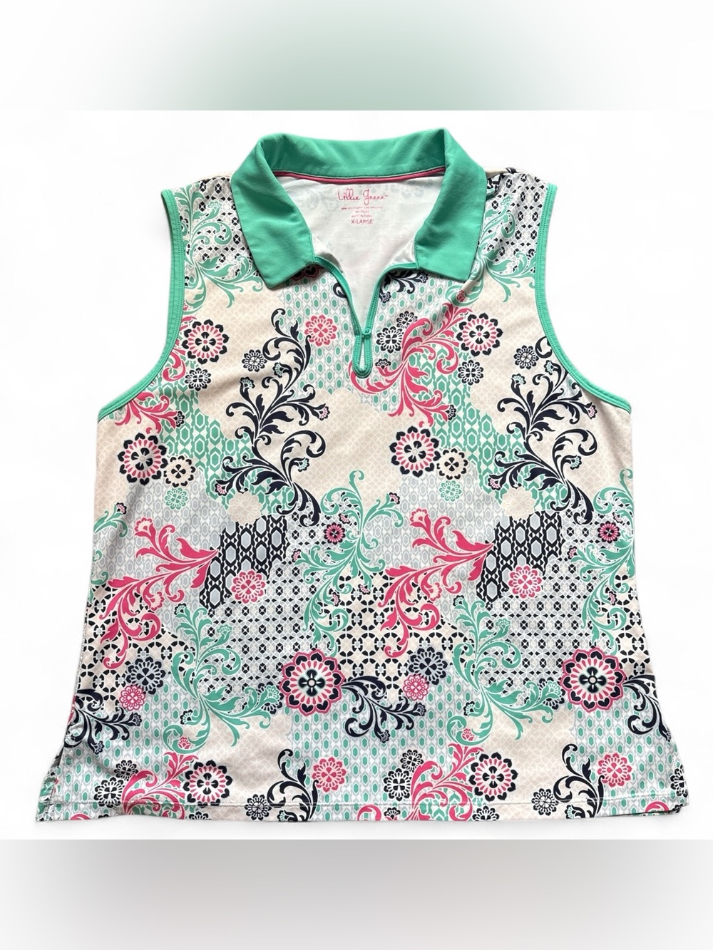 Lillie Green Golf Sleeveless Polo Top with Mint Collar and Floral Print
